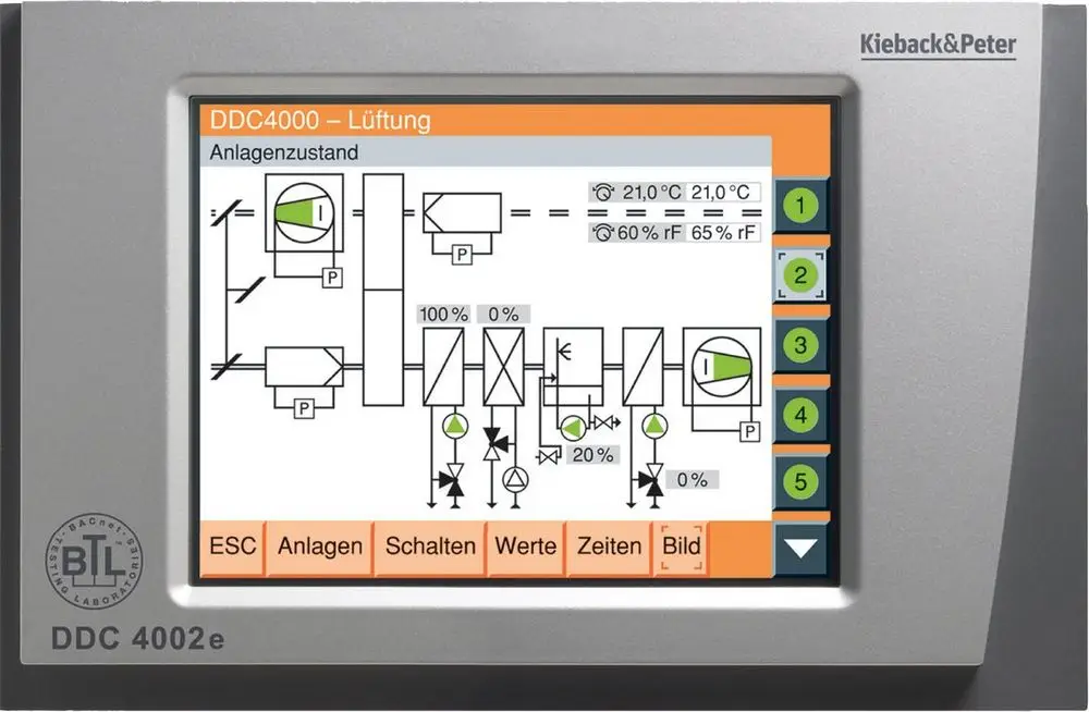 Touchscreen-Bedienfeld von Bosch zur Steuerung eines Lüftungssystems. Anzeige von Temperaturen, Feuchtigkeitswerten und Systemstatusgrafiken. Bedienknöpfe für verschiedene Funktionen.